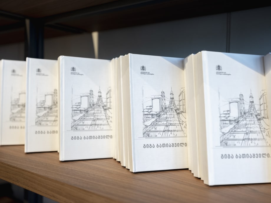 Stacks of Giga Batiashvili’s *The Future Projects & Vision* on display, The Art Concept Gallery, Art Foundation Anagi, Tbilisi, 2025. Photo: Giorgi Shengelia.