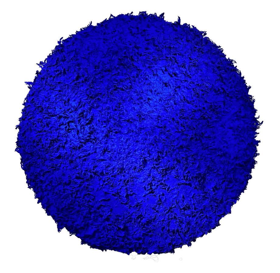 Afro Series (Berlin Blue), 2019, feathers and acrylic on Luan plywood, 48 inches in diameter