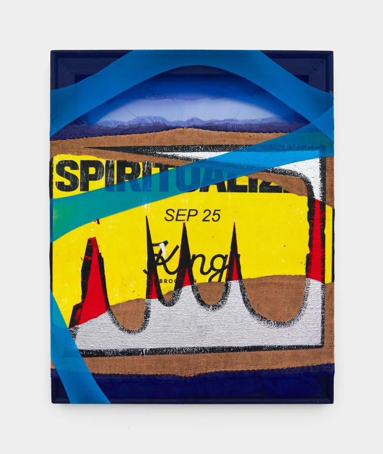 SPIRITUALIZE, 2025, acrylic and flashe on hand-sewn burlap, sheer textile, found street poster, mesh spandex, polymer, nylon thread, 30 x 24 inches