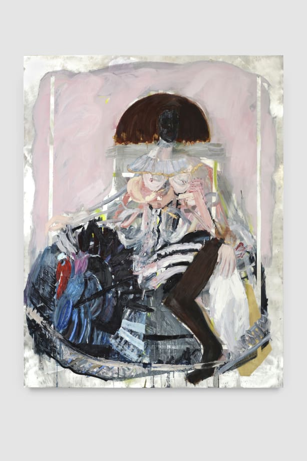 Alida Cervantes, Lola con su guajolota, 2020, Oil and spray paint on aluminium 76.5 x 60 inches