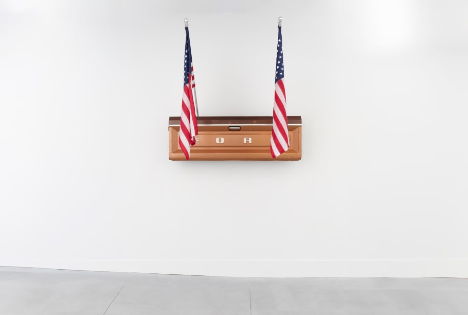 Julian V.L. Gaines, Emmett's Last Ride, 2022. Two American flags, tailgate, enamel, plastic, steel. 67 x 21 x 60 inches (170.2 x 53.3 x 152.4 cm).