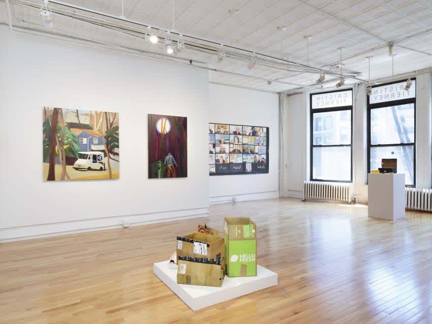 Installation view of Joan Linder and Maureen O'Leary: Slightly Surreal Suburbia (Cristin Tierney Gallery, New York, June 18 - August 6, 2021). Photograph by Elisabeth Bernstein.