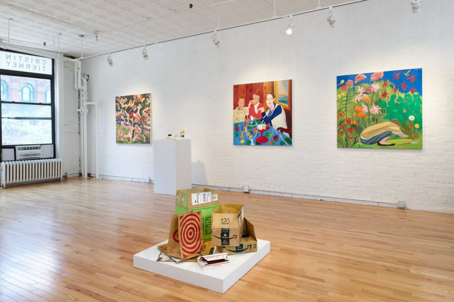 Installation view of Joan Linder and Maureen O'Leary: Slightly Surreal Suburbia (Cristin Tierney Gallery, New York, June 18 - August 6, 2021). Photograph by Elisabeth Bernstein.