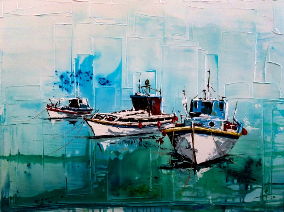 Painting from a side perspective of three boats sitting on blue-green water