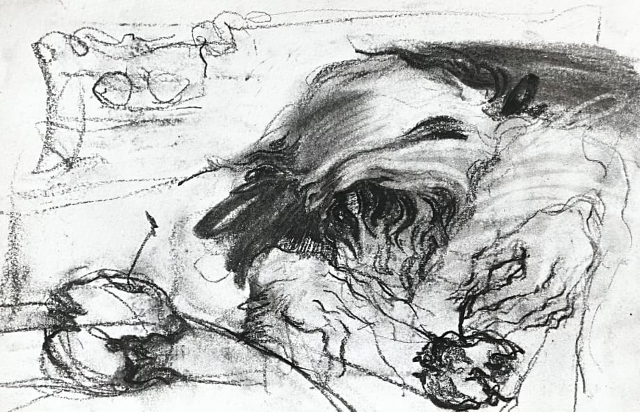 Mayar Obeido Figure and Apple Study 4, 2022 Charcoal on paper 14 x 22 cm 5 1/2 x 8 3/4 in