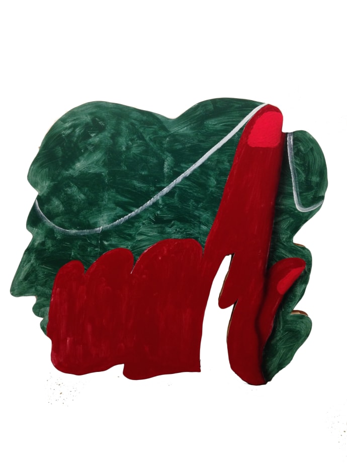 James English Leary, Cameo (Red Finger w/ Thread on Green Head), 2018, Acrylic on Shaped Panel, 121.9 x 111.8 cm, 48 x 44 in