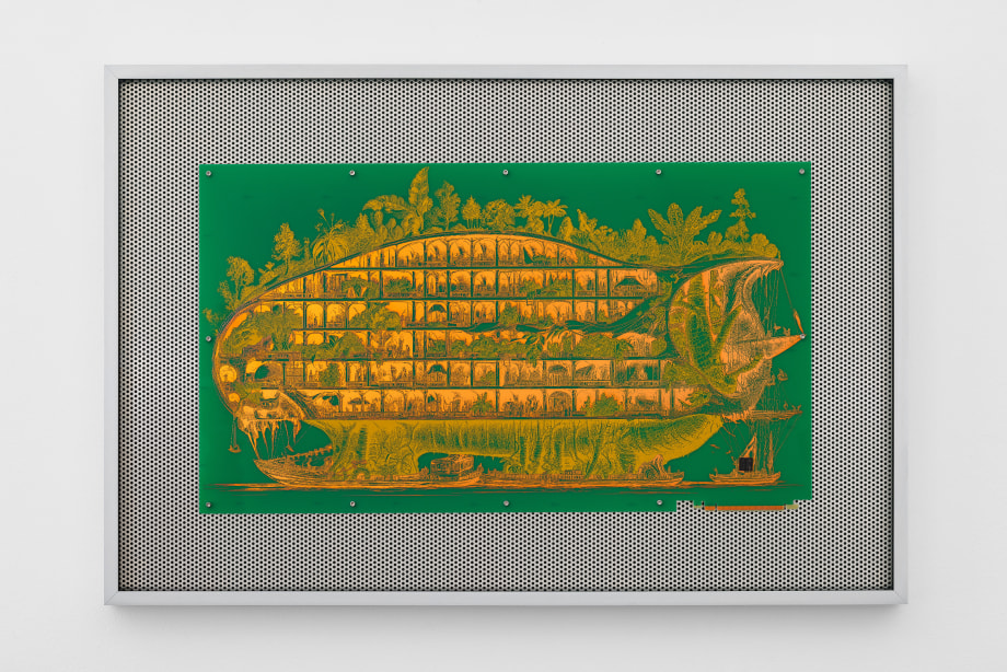 Andreas Greiner, Molly Aida, 2023 printed circuit board (PCB) with conducting paths and soldered microchip, framed in aluminium, 85 x 57 x 5 cm, Edition 4/4 + 3 AP