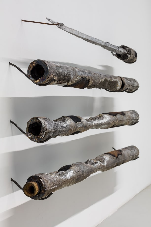 Thomas Supper Module (No. 2 - No. 5), 2021 aluminium, wood, jute, 170 cm; diameter 10 cm