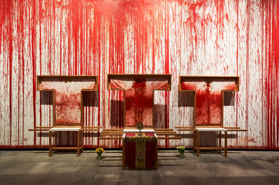 Hermann Nitsch's 20th Painting Action, 1987, presented by Zuecca Projects and collector Helmut Essl in collaboration with Galerie Kandlhofer at Oficine 800 on the island of Giudecca, Venice during the 59th Venice Biennale, Photographer: Marcin Gierat