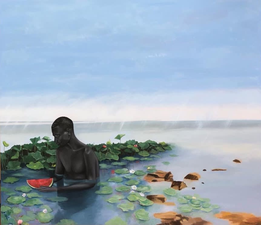 Ian Mwesiga, Man with water melon, 2022. Courtesy of Mariane Ibrahim