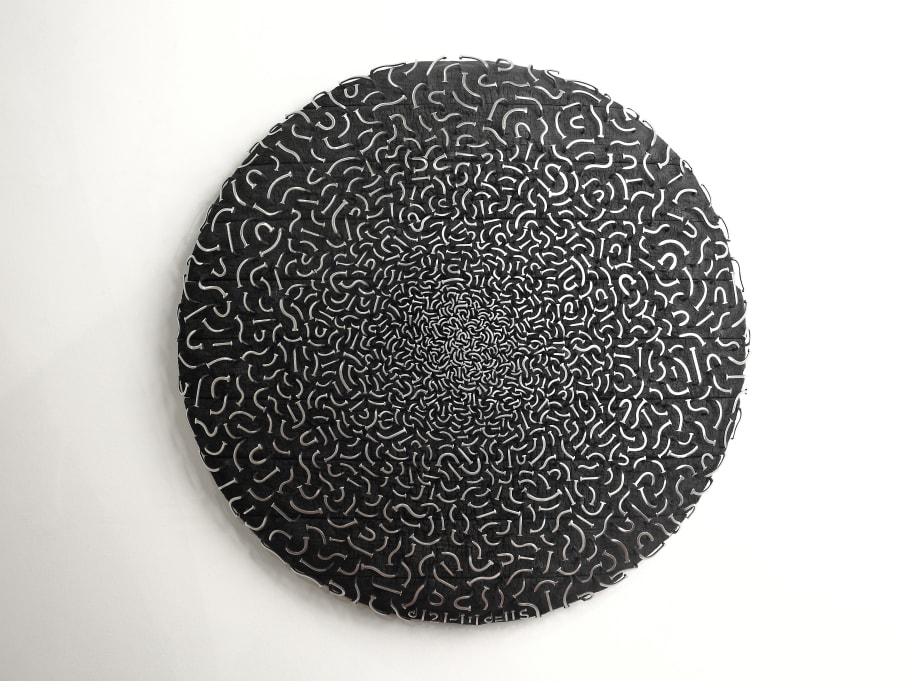 0121-1110=115042 | 2015 | Stainless steel bolts, nails & wood | 102 x 102 x 12 cm | (40 x 40 x 5 in)