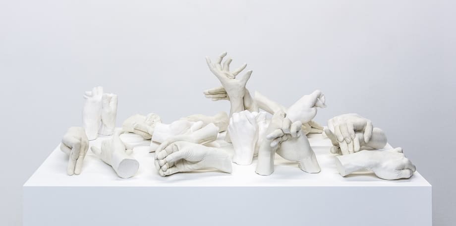 Marcus Coates Extinct Animals, 2018 Plaster of Paris, cast from the artist's hands whilst performing the extinct animal's shadow 110 x 110 x 60 cm (including plinth) Courtesy of the artist and WORKPLACE, UK