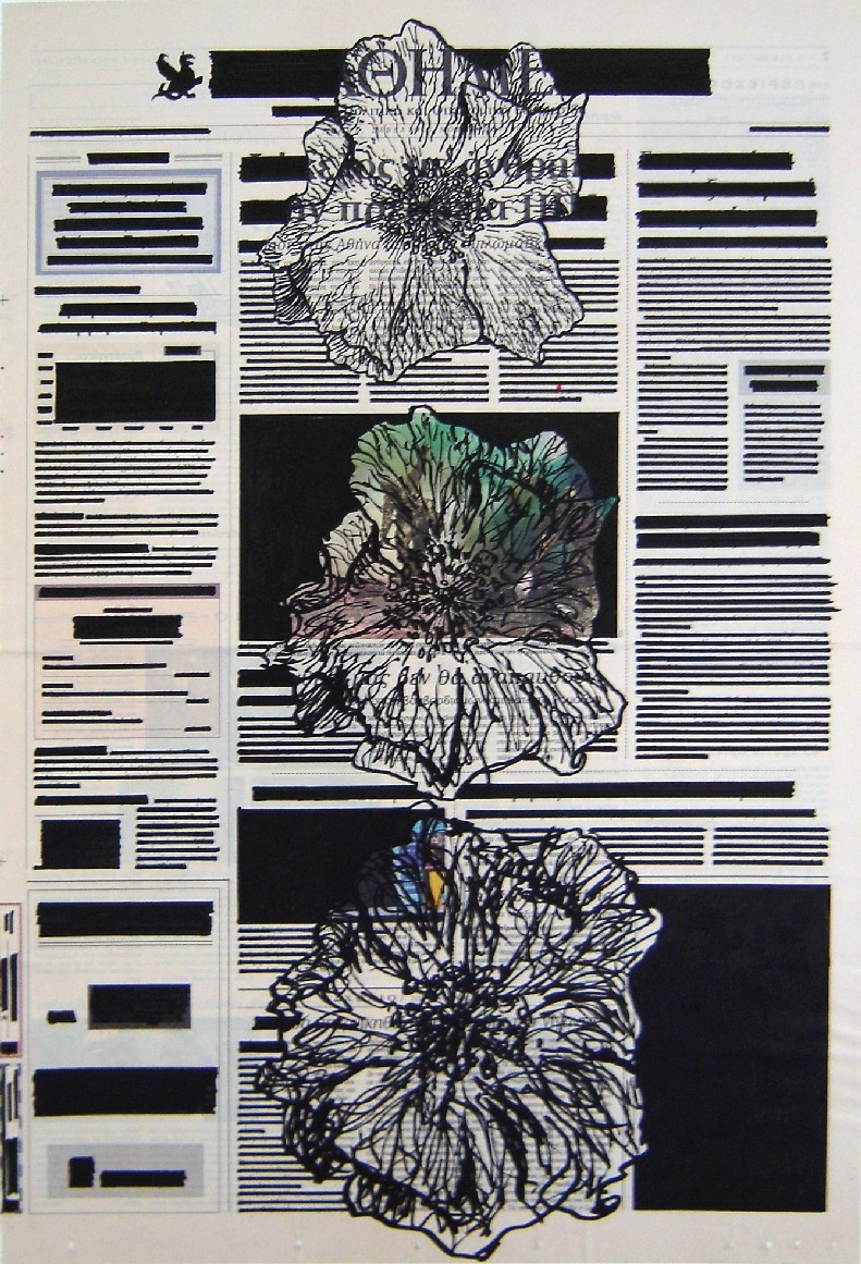 Unwritten November 3rd, 2001  unique  ink on newsprint on paper  site size: 64 x 45 cm / 25 ¼ x 17 ¾ in  framed: 67 x 48 x 3 cm / 26 ⅜ x 18 ⅞ x 1 ⅛ in
