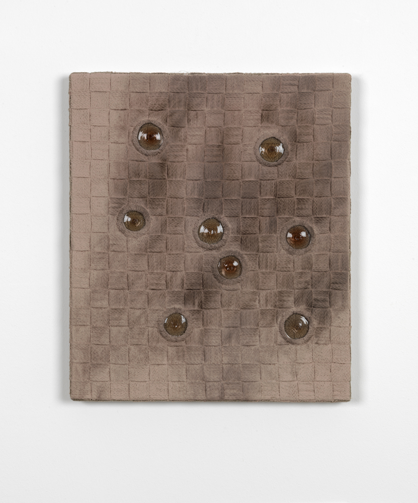 Untitled, 2012  linen, lead-crystal glass, casein, soot  47.8 x 40.5 x 3 cm / 18 ⅞ x 16 x 1 ⅛ in