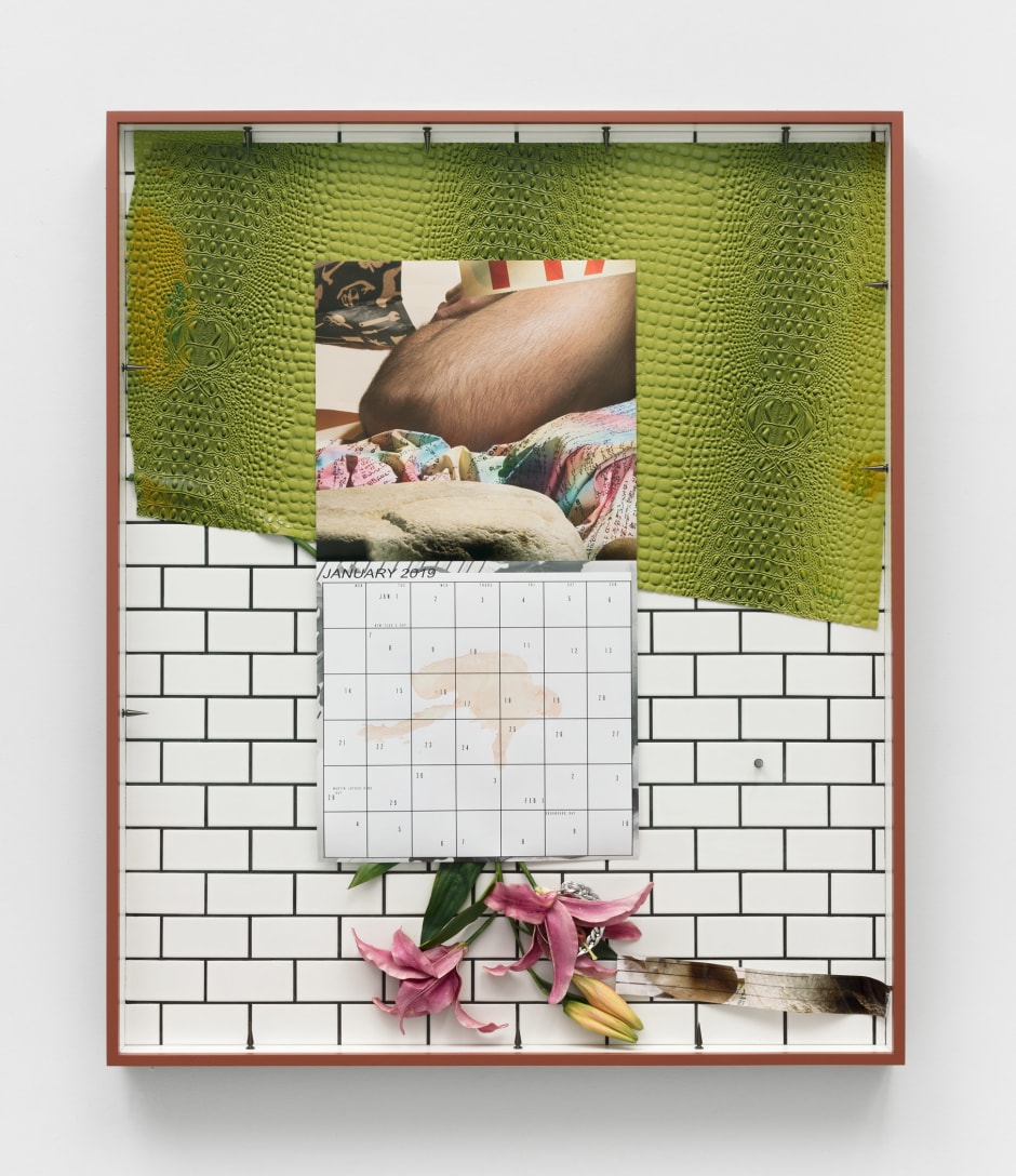 Cannibal II, 2018  archival pigment print, ceramic tile, stainless steel, artificial flower, acrylic paint, vinyl, epoxy  103.5 x 86.4 x 7 cm  40 ¾ x 34 x 2 ¾ in.