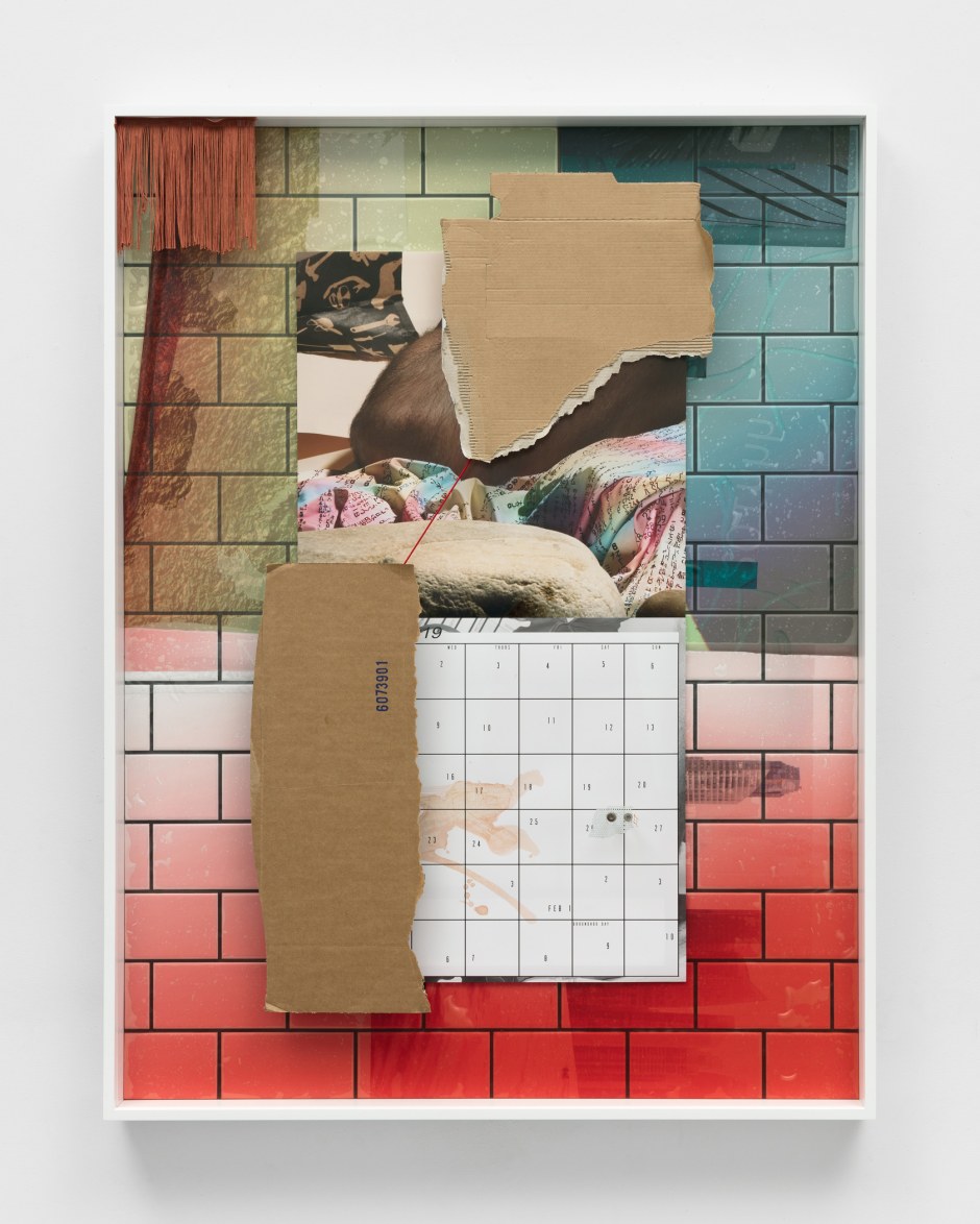 Cannibal, 2018  archival pigment print, solvent print on plastic, ceramic tile, stainless steel, rayon, cardboard, epoxy  113.3 x 86.4 x 7 cm  44 ⅝ x 34 x 2 ¾ in.