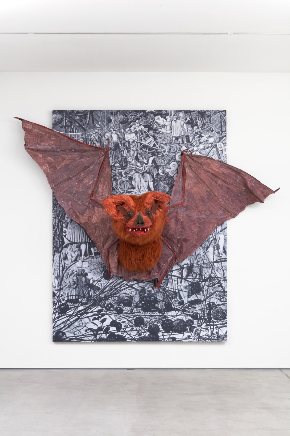 Marvin Gaye Chetwynd  Bat, 2018  photocopies, wood, latex, fabric, paint  280 x 319 x 106 cm / 110 ¼ x 125 ⅝ x 41 ¾ in  © Monster Chetwynd. Courtesy the Artist and Sadie Coles HQ, London.  Photo: Robert Glowacki