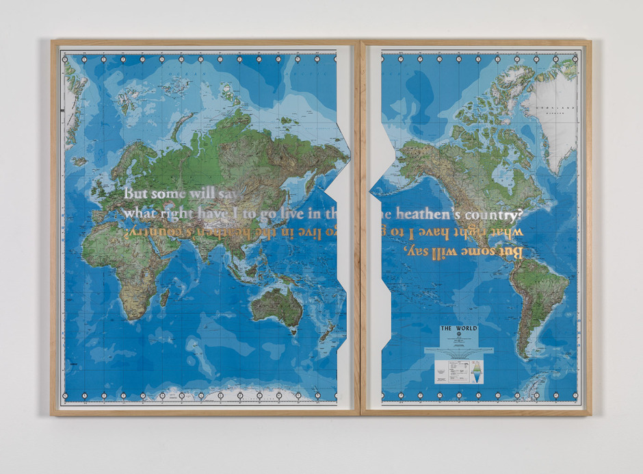 The World (Defense Mapping Agency), 2010  spray enamel on map  left: 107.6 x 88.3 x 4.7 cm / 42 ⅜ x 34 ¾ x 1 ⅞ in right: 107.6 x 66.2 x 4.7 cm / 42 ⅜ x 26 ⅛ x ⅞ in