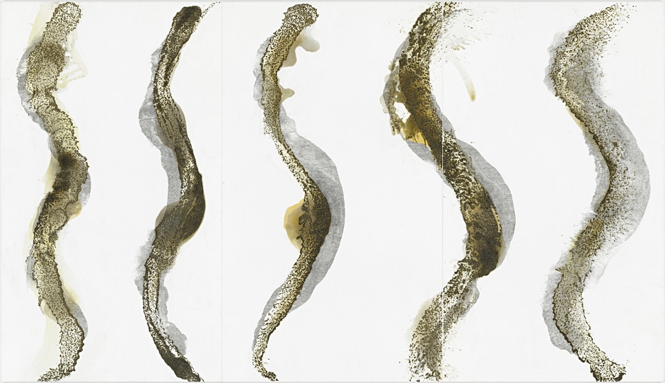 Untitled, 2011  caviar, numbered, acrylic, lacquer on canvas  3-part, 350 x 611 cm