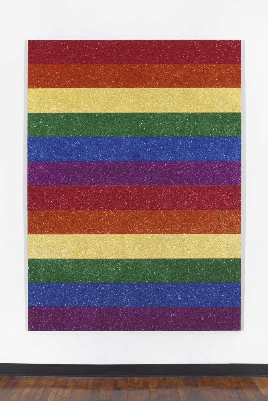 Double Rainbow Flag for Jasper in the Style of the Artists Boyfriend, 2013  signed and dated on verso  glitter and enamel on canvas  249.6 x 183.5 cm 98 1/4 x 72 1/4 in.