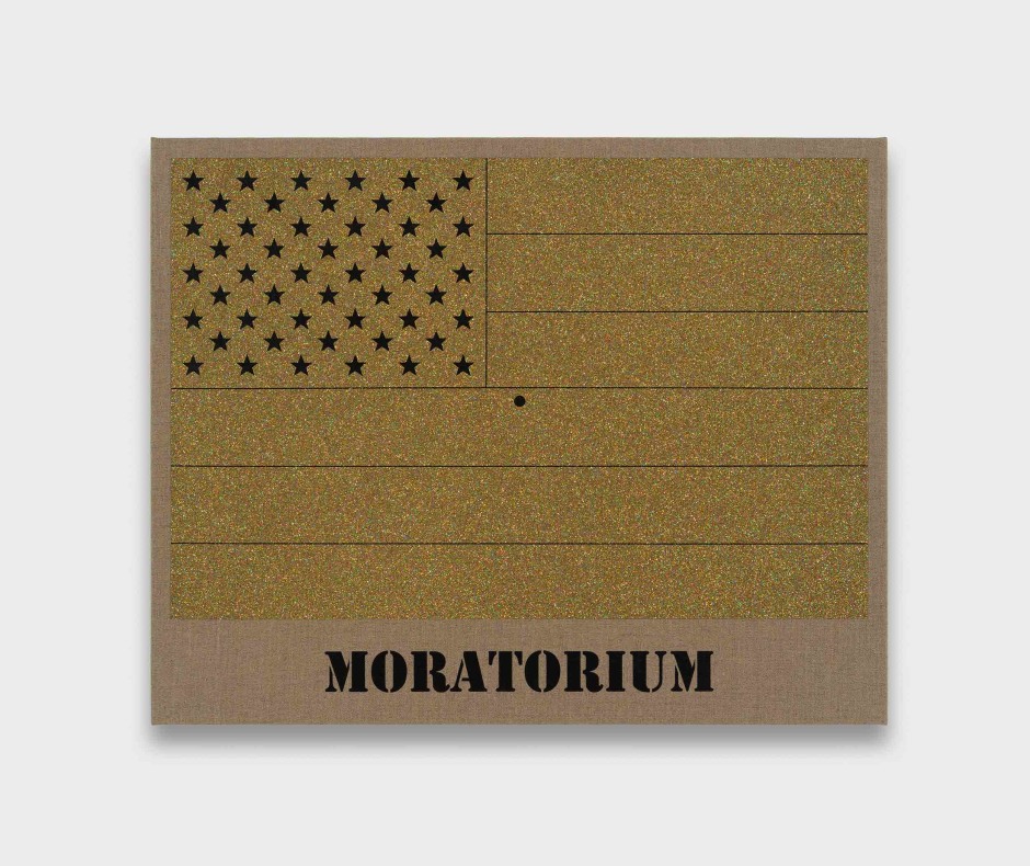 Moratorium (Gold Rainbow American Flag for Jasper in the Style of the Artist's Boyfriend), 2017  glitter and enamel on linen  57.0 x 71.5 x 3.5 cm 22 3/8 x 28 1/8 x 1 3/8 in.