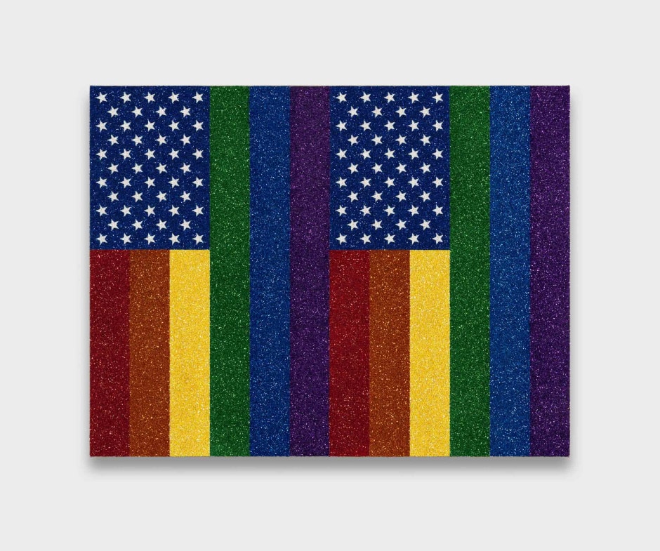 Two Rainbow American Flags for Jasper in the Style of the Artist's Boyfriend, 2017  glitter and enamel on linen  68.8 x 83.8 x 3.2 cm 27 x 33 x 1 1/4 in.