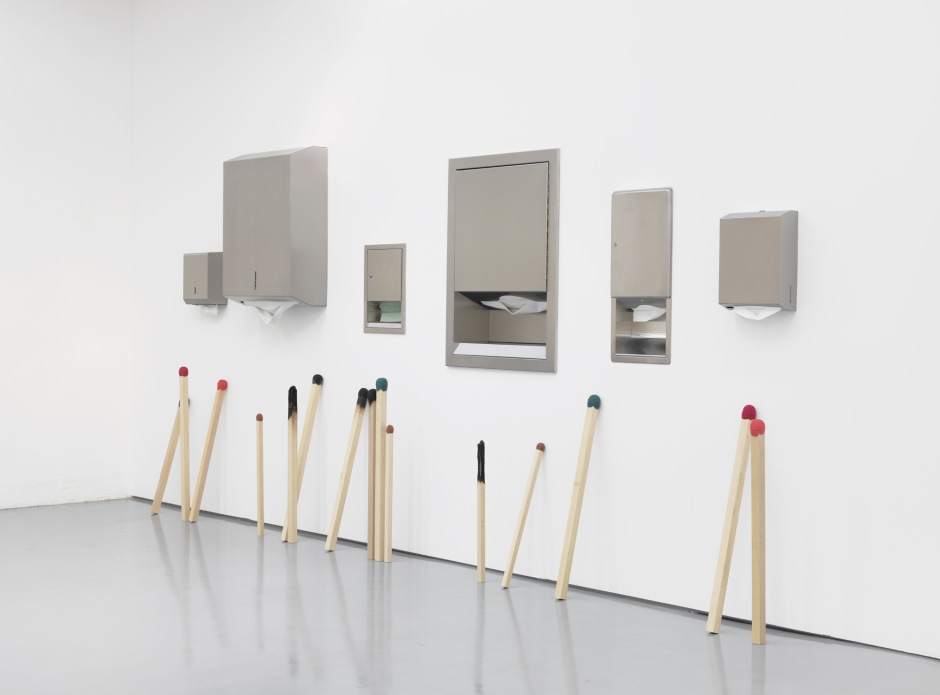 Waiting, Giving, Spent, 2012  brushed steel paper towel dispensers, paper towels, wooden matchsticks  201.0 x 435.0 x 28.0 cm 79 1/8 x 171 1/4 x 11 in.