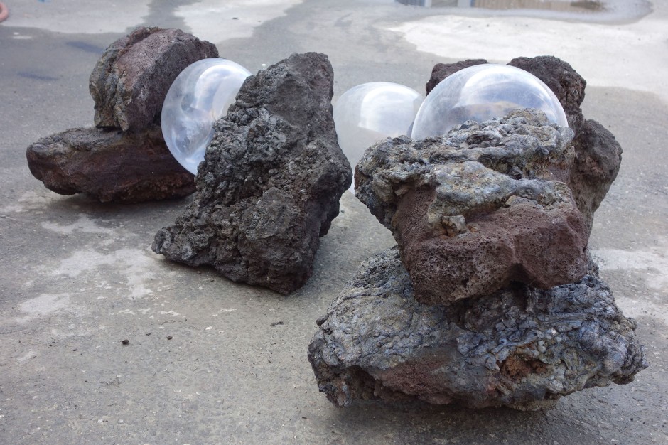 Untitled, 2015  volcanic rocks, condoms  49.9 x 69.8 x 109.9 cm 19 5/8 x 27 1/2 x 43 1/4 in.