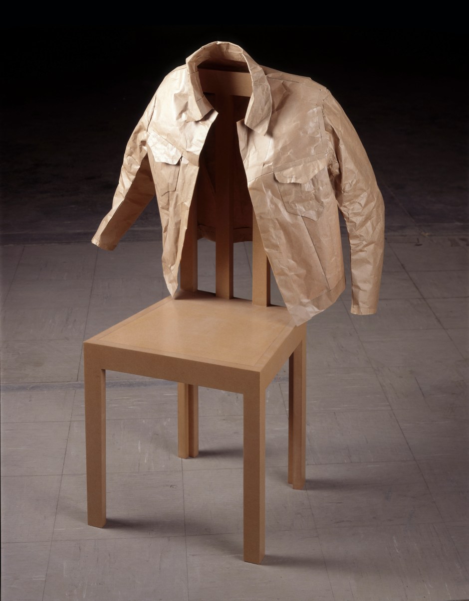 Auto-erotic, 1997  brown paper jacket, MDF chair  70 x 85 x 13 cm  27 ½ x 33 ½ x 5 in.