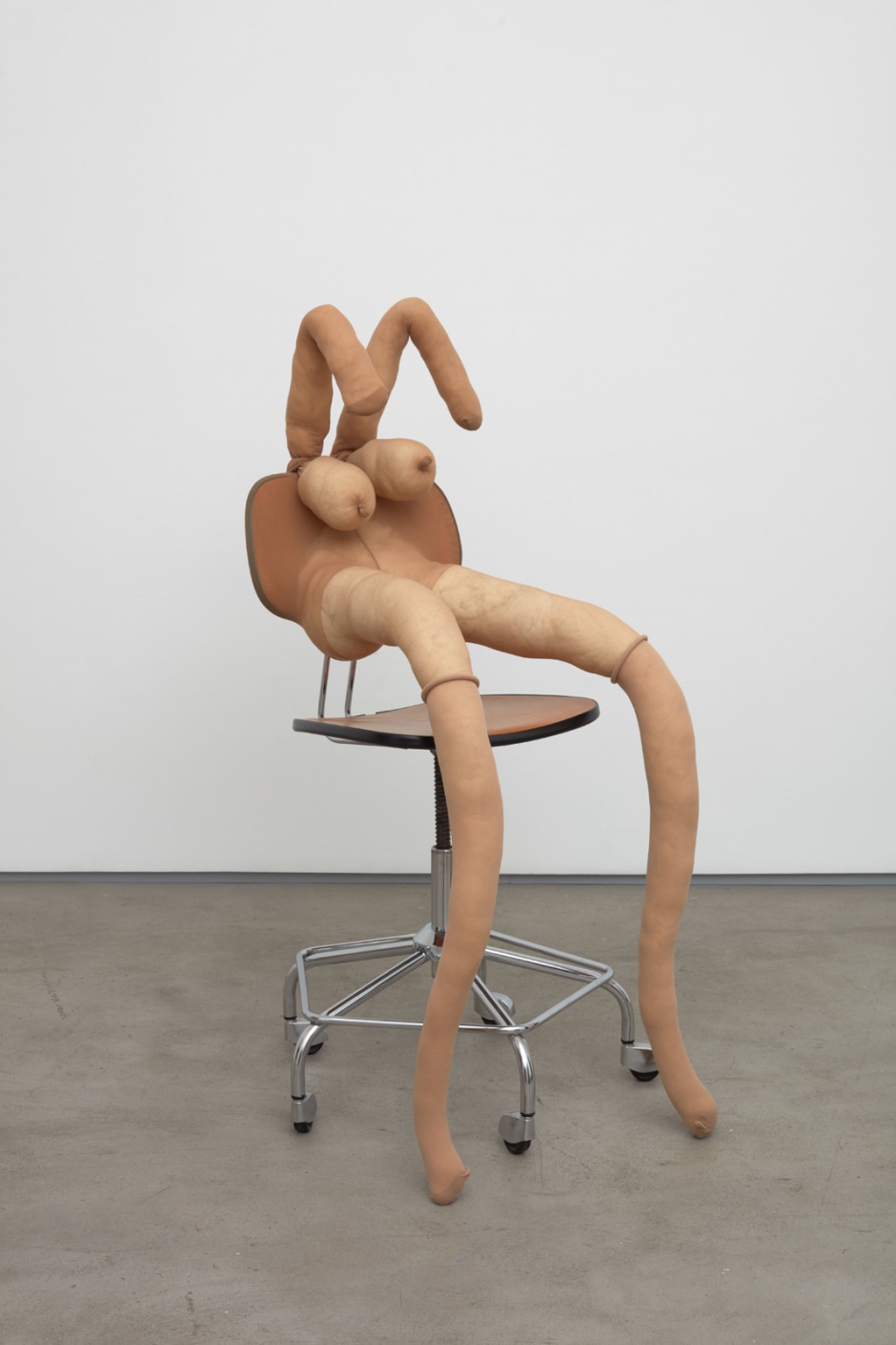 Titty Bunny, 2018  tights, fluff, wire, chair  114 x 53 x 67 cm  44 ⅞ x 20 ⅞ x 26 ⅜ in.