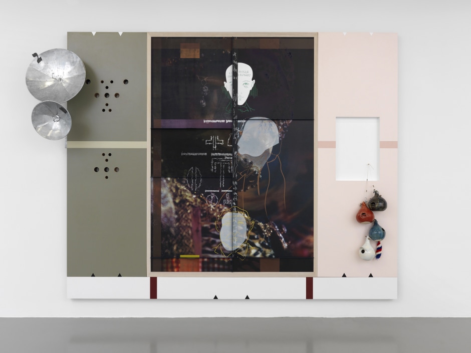 Helen Marten  Under blossom: C. is the master, 2014  screen printed suede, leather and waxed cotton, pressed Formica, ash, cherry, walnut, welded galvanised steel, glazed ceramic, strings, cast bronze and aluminium, coloured pencil drawing under resin  269.0 x 334.0 x 8.0 cm 105 7/8 x 131 7/16 x 3 1/8 in.  © Helen Marten. Courtesy the Artist and Sadie Coles HQ, London.  Photo: Annik Wetter