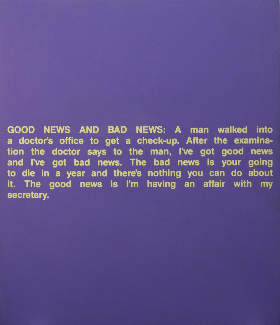 Good News, Bad News, 1988  acrylic and silkscreen on canvas  142.24 x 121.92 cm 56 x 48 in.