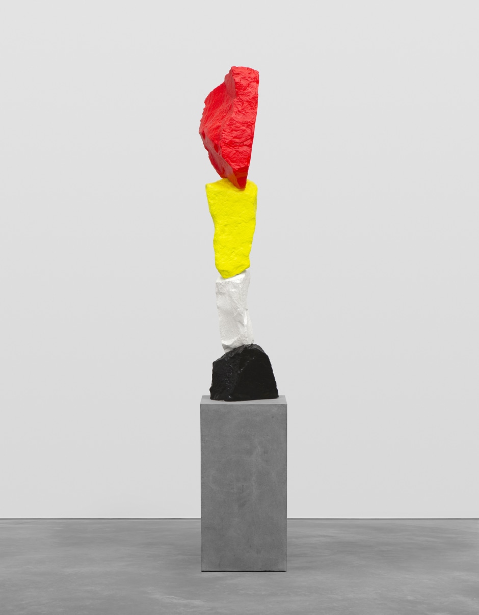 black white yellow red mountain, 2017  painted stone, stainless steel, pedestal  196.0 x 33.0 x 33.0 cm 77 1/8 x 13 x 13 in.