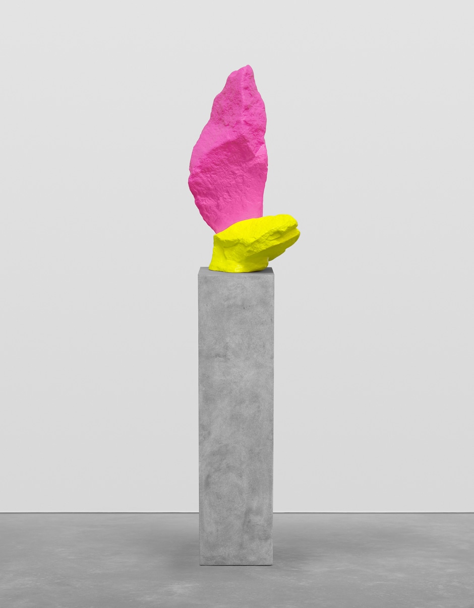 yellow pink mountain, 2018  painted stone, stainless steel, pedestal  sculpture: 69.9 x 29.2 x 29.2 cm / 27 ½ x 11 ½ x 11 ½ in pedestal: 100.3 x 25 x 25 cm / 39 ½ x 9 ⅞ x 9 ⅞ in