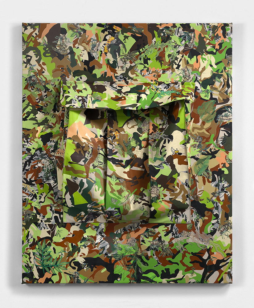 Camo Cargo Pocket, 2016  vinyl, heat applied t-shirt graphic on canvas, embroidery  187.8 x 152.0 x 153.0 cm 73 7/8 x 59 3/4 x 60 1/8 in.