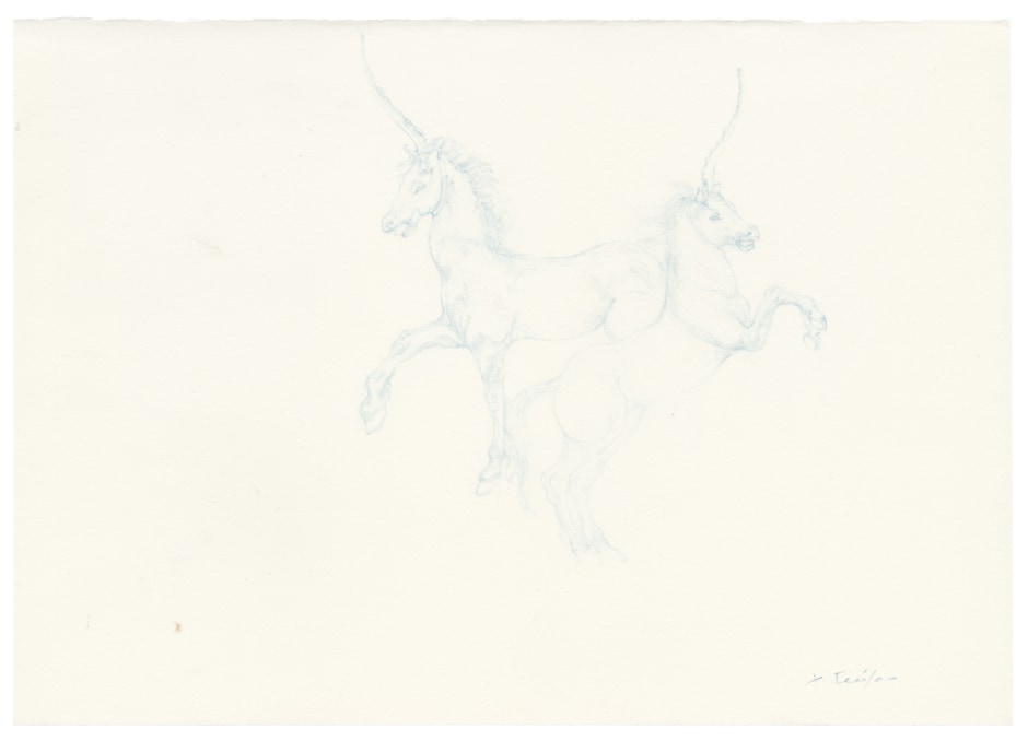 Sky Blue Licorne Horses, 2014  Signed on front  colour pencil on paper  33.6 x 42.2 x 3.8 cm 13 3/16 x 16 9/16 x 1 7/16 in.