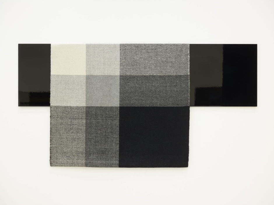 Parallel Planar Panel (black, dark grey, light grey, off-white), 2014  painted aluminium and woven textile  127 x 222.3 x 3.8 cm  50 x 87 ½ x 1 ½ in.