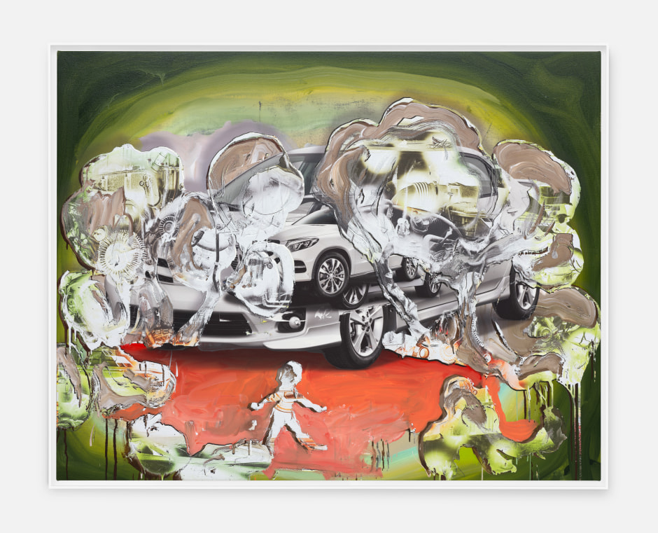 White Car Picnic, 2024  gesso, latex, acrylic paint, on canvas  site size: 132.4 x 168.4 x 4.4 cm / 52 ⅛ x 66 ¼ x 1 ¾ in frame size: 136 x 172.4 x 8 cm / 53 ½ x 67 ⅞ x 3 ⅛ in.
