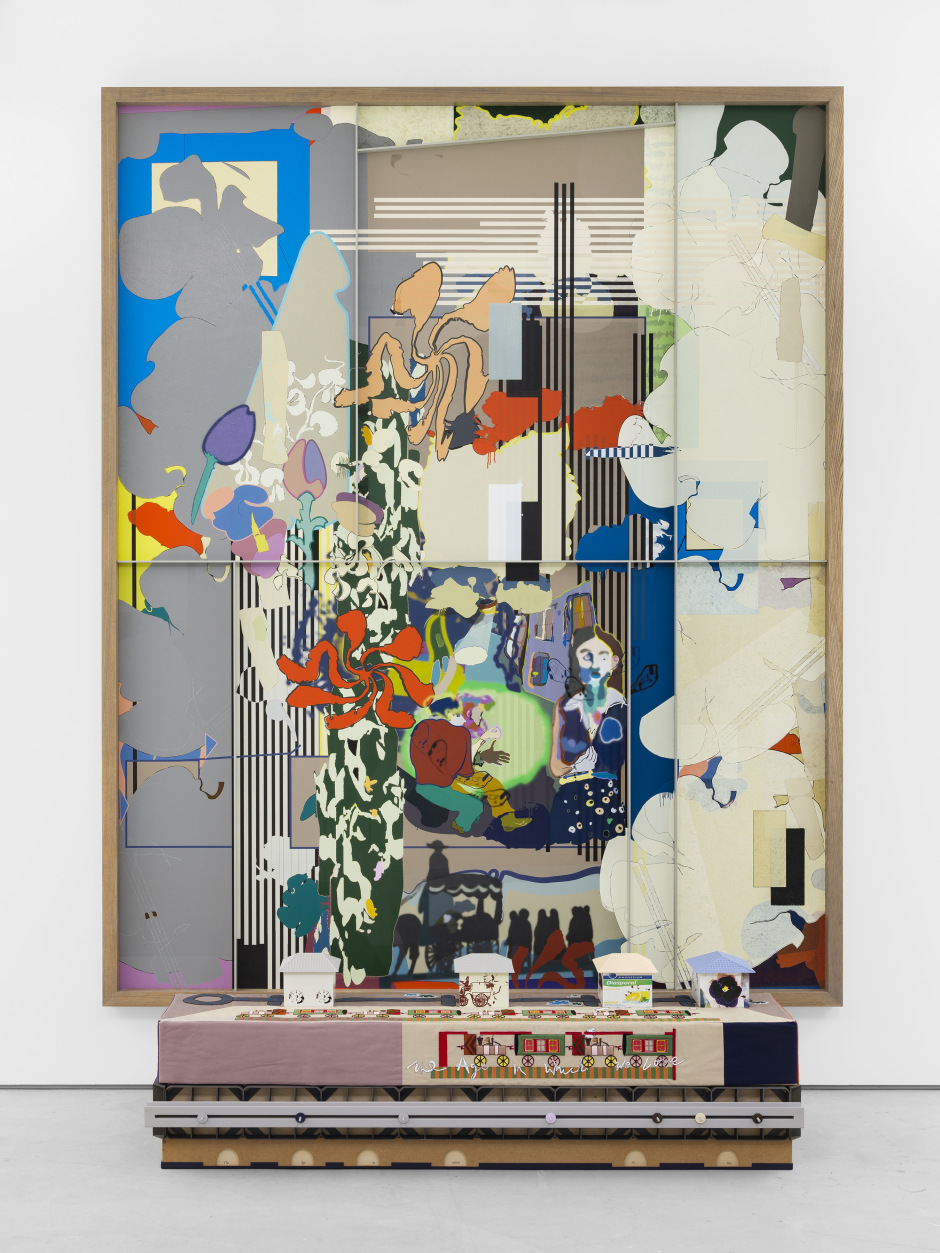Helen Marten  The Age in which we Love (bulging the house), 2021  nylon paint on fabric, aluminium, ash frame, MDF, steel, plywood, dry transfers, silkscreened MDF, milled modelboard, embroidered fabric  site size: 300 x 240 cm / 118 ⅛ x 94 ½ in.  © Helen Marten. Courtesy the Artist and Sadie Coles HQ, London.  Photo: Eva Herzog