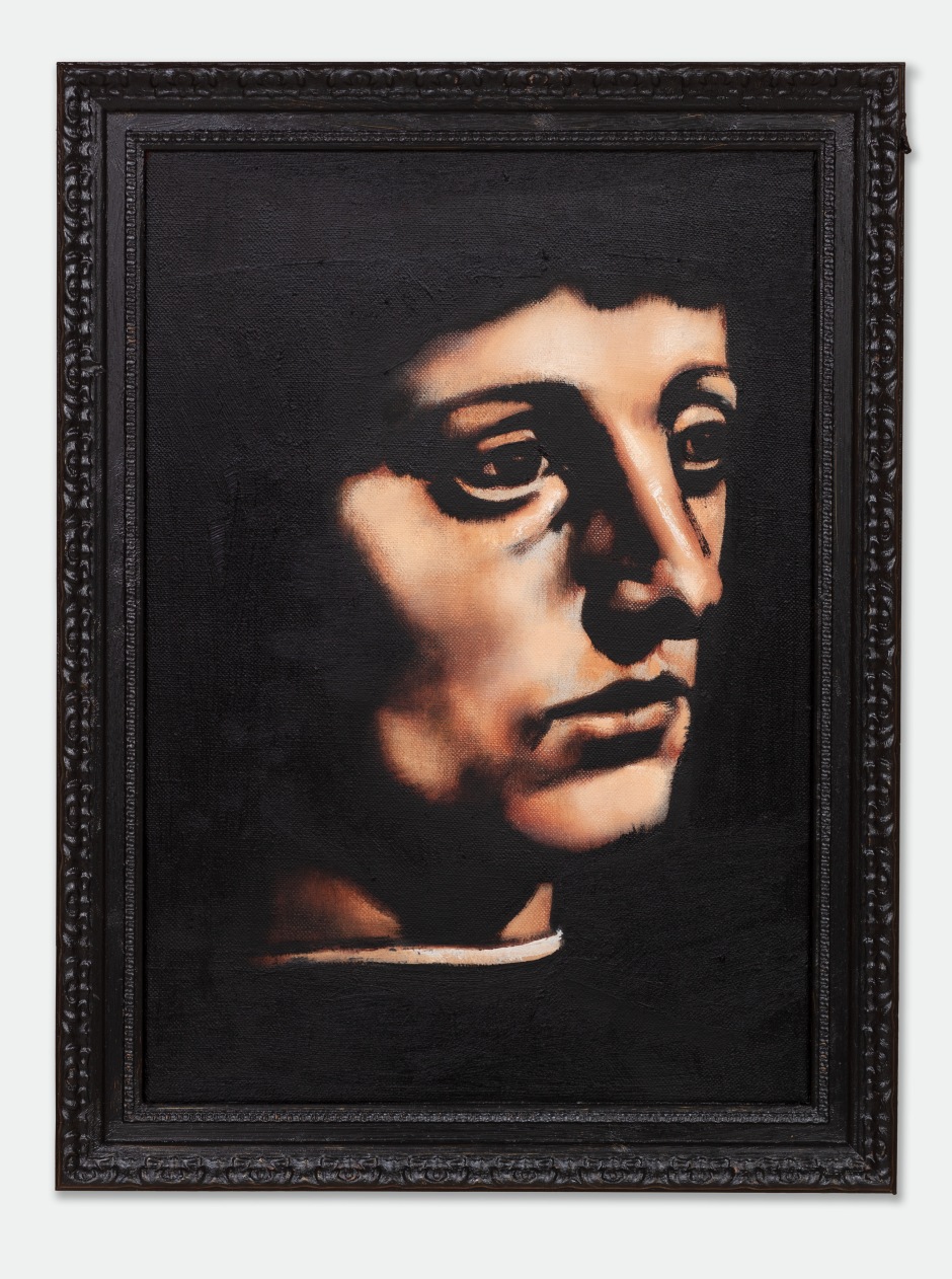 Untitled (after "Portrait of a Musician" by Leonardo da Vinci), 2023  oil on canvas, wooden frame  site size: 55 x 40 cm / 21 ⅝ x 15 ¾ in frame size: 58 x 43.5 x 2.5 cm / 22 ⅞ x 17 ⅛ x 1 in