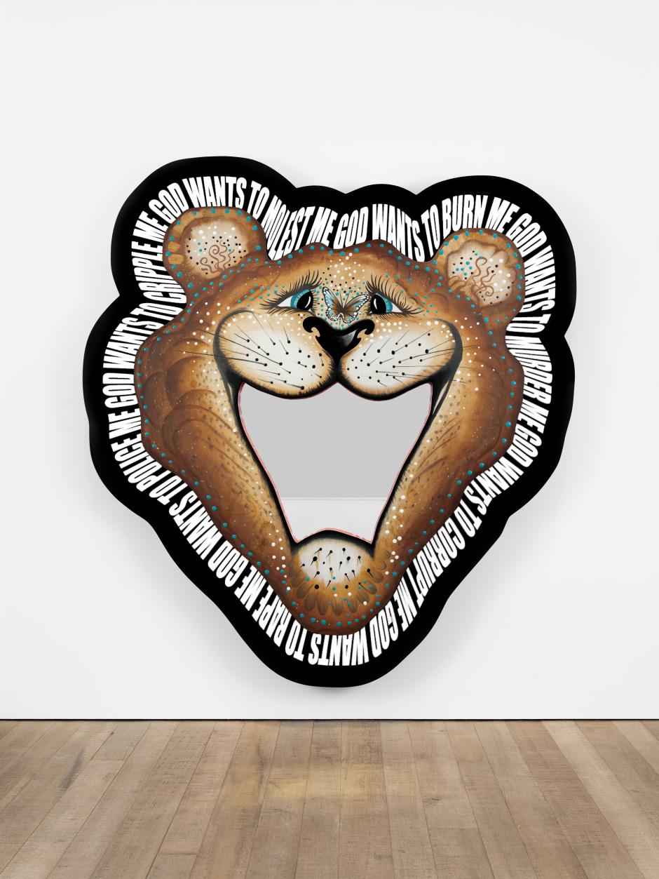 Mirror and Bear, 2024  paint on MDF, steel, mirror, LED tile screen  237 x 221 x 14.2 cm / 93 ¼ x 87 x 5 ⅝ in
