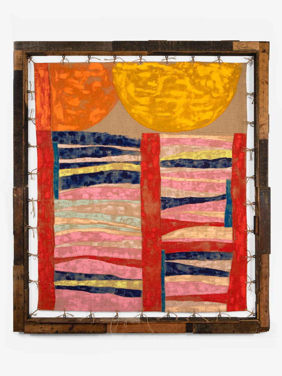 Alvaro Barrington  New Sun Mangrove GeesB, 2022  acrylic and oil on burlap in reclaimed wood frame  overall size: 331 x 292.2 x 14.2 cm / 130 ¼ x 115 x 5 ⅝ in frame in 2 parts; each part: 167.5 x 292.2 x 10 cm / 66 x 115 x 5 ⅝ in  © Alvaro Barrington. Courtesy of the Artist and Sadie Coles HQ, London.  Photo: Katie Morrison