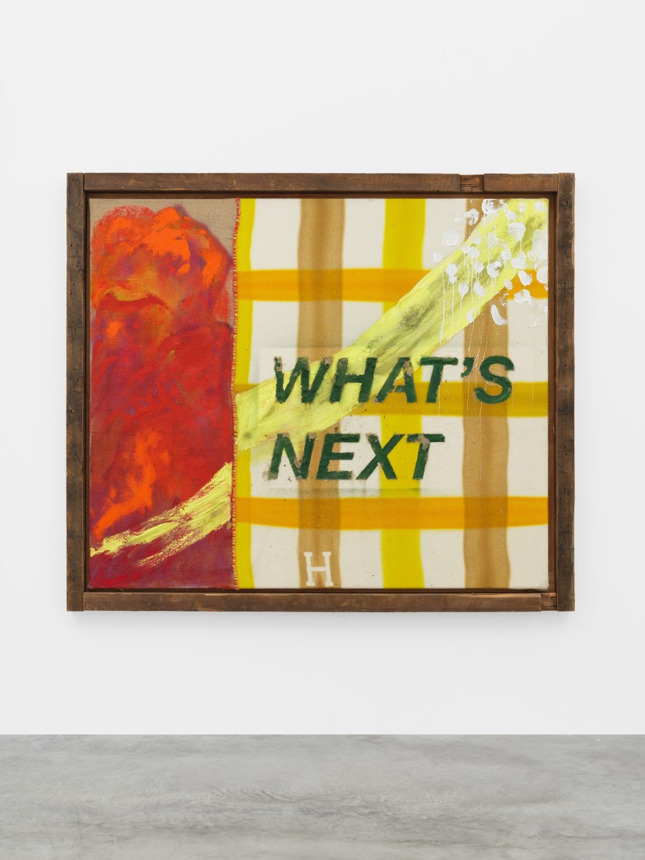 Alvaro Barrington  Back in time/next episode (whats Next), 2022  acrylic, oil, sand on burlap and Hermes blanket in wooden frame  Site size: 170 x 200.5 x 6 cm / 66 ⅞ x 79 x 2 ⅜ in Frame size: 191 x 221.5 x 8 cm / 75 ¼ x 87 ¼ x 3 ⅛ in  © Alvaro Barrington. Courtesy of the Artist and Sadie Coles HQ, London.  Photo: Eva Herzog