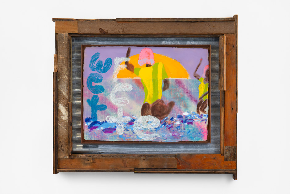 Alvaro Barrington  Bathers, Wet Fete, Cause of Me, D, 2023, 2023  oil, acrylic, flashe, enamel and glitter on paper in walnut, corrugated steel and reclaimed wood frame  103 x 116 x 14 cm / 40 ½ x 45 ⅝ x 5 ½ in  © Alvaro Barrington. Courtesy of the Artist and Sadie Coles HQ, London.  Photo: Katie Morrison