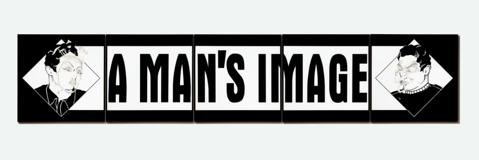 A Man's Image, 2019  wood frames, plexiglass, acrylic paint, sequin pins, foam, velvet, hardware  142.2 x 718.8 x 7.6 cm / 56 x 283 x 3 in