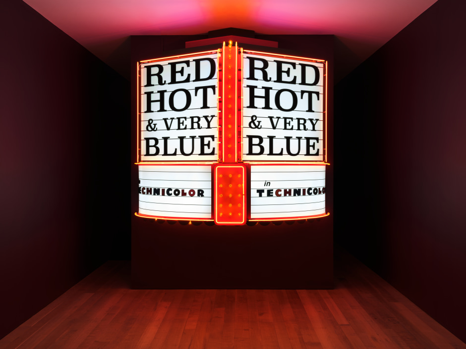 American Speech (Red Hot and Very Blue in Technicolor), 2021  neon, Perspex, powder coated aluminium, LED, festoon lights  280 x 293.5 x 116 cm / 110 ¼ x 115 ½ x 45 ⅝ in