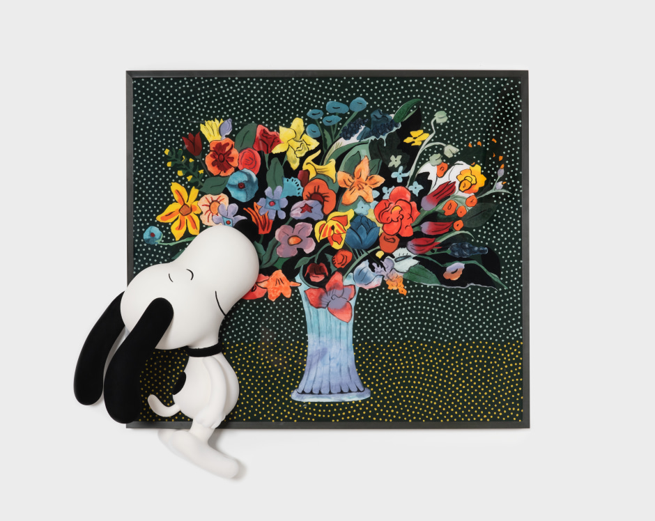 Love is Smelling Flowers, 2024  Artist stamp on verso  Plexiglass, flashe paint, crayon, sequin pins, foam, velvet, hardware, flock, resin, ABS plastic, body filler, adhesive and wooden frame  125.7 x 142.2 x 36.8 cm / 49 ½ x 56 x 14 ½ in.