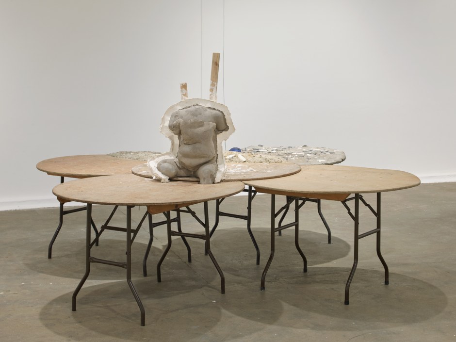 Flesh in Stone Ghost NO.8, 2021  cement, iron, plaster, wood, concrete, rocks, wooden tables  160 x 294 cm / 63 x 115 ¾ in