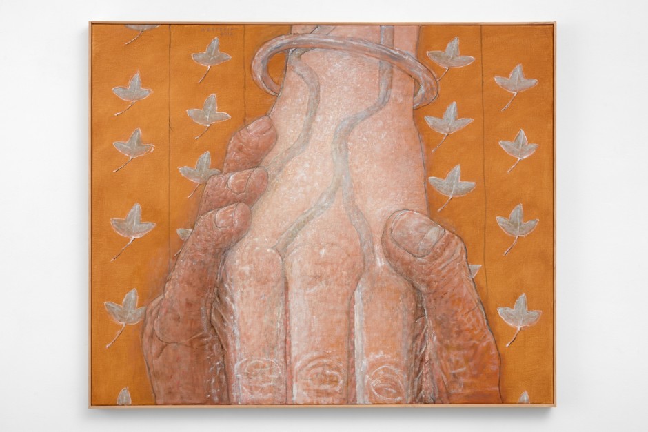 Handkiss and leaves / Handkus met bladeren, 2012  tempera, alkyd and oil on canvas  96.4 x 116.4 x 4.9 cm / 38 x 45 ⅞ x 1 ⅞ in