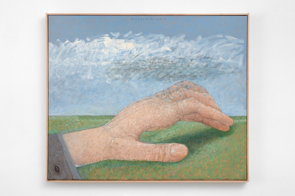 Hand, shadow and grass / Hand schaduw en gras, 2016  tempera, alkyd and oil on canvas  76.9 x 92 x 4.1 cm / 30 ¼ x 36 ¼ x 1 ⅝ in